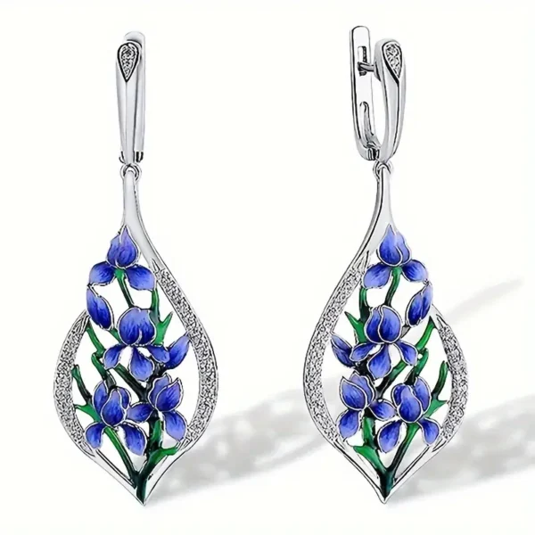 Aretes Largos de Acero – Flor de Iris con Cierre de Presión - Imagen 4