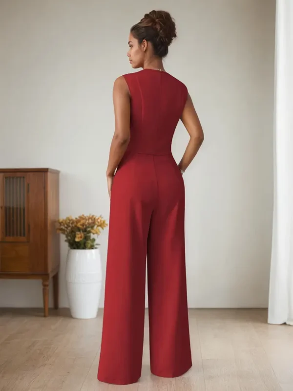 Conjunto de 2 Piezas para Mujer – Blazer Rojo sin Mangas y Pantalones Anchos - Imagen 2