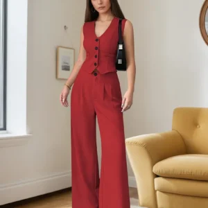Conjunto de 2 Piezas para Mujer – Blazer Rojo sin Mangas y Pantalones Anchos