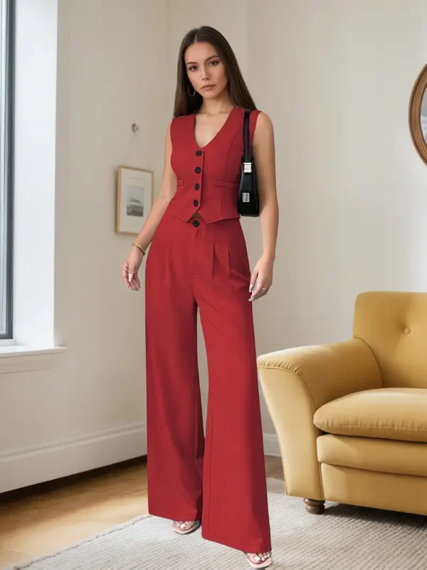 Conjunto de 2 Piezas para Mujer – Blazer Rojo sin Mangas y Pantalones Anchos